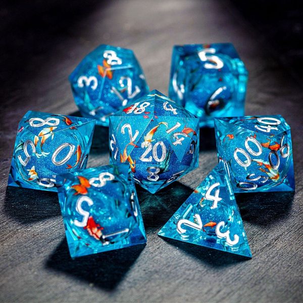 Aquamarine Koi Fish Liquid Core Resin DnD D&D Dice Set