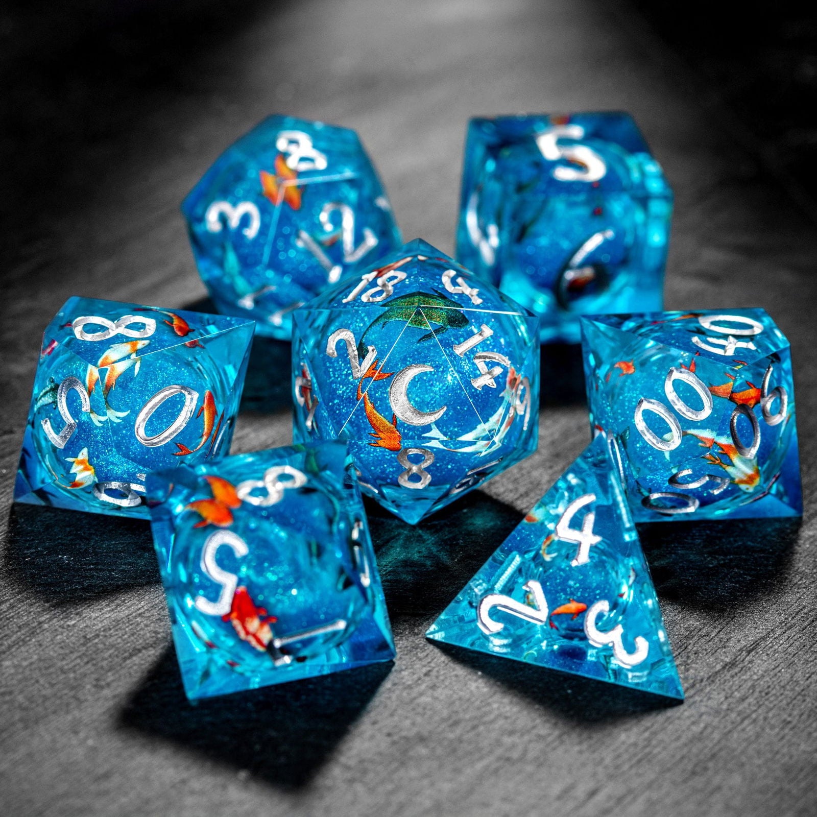 Aquamarine Koi Fish Liquid Core Resin Moon DnD D&D Dice Set