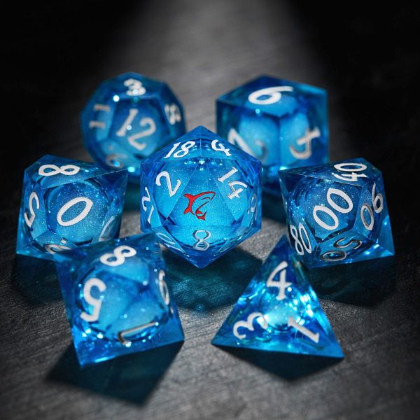Aquamarine Liquid Core Resin Raging Sharks Amidst the Tempestuous Ocean DnD D&D Dice Set