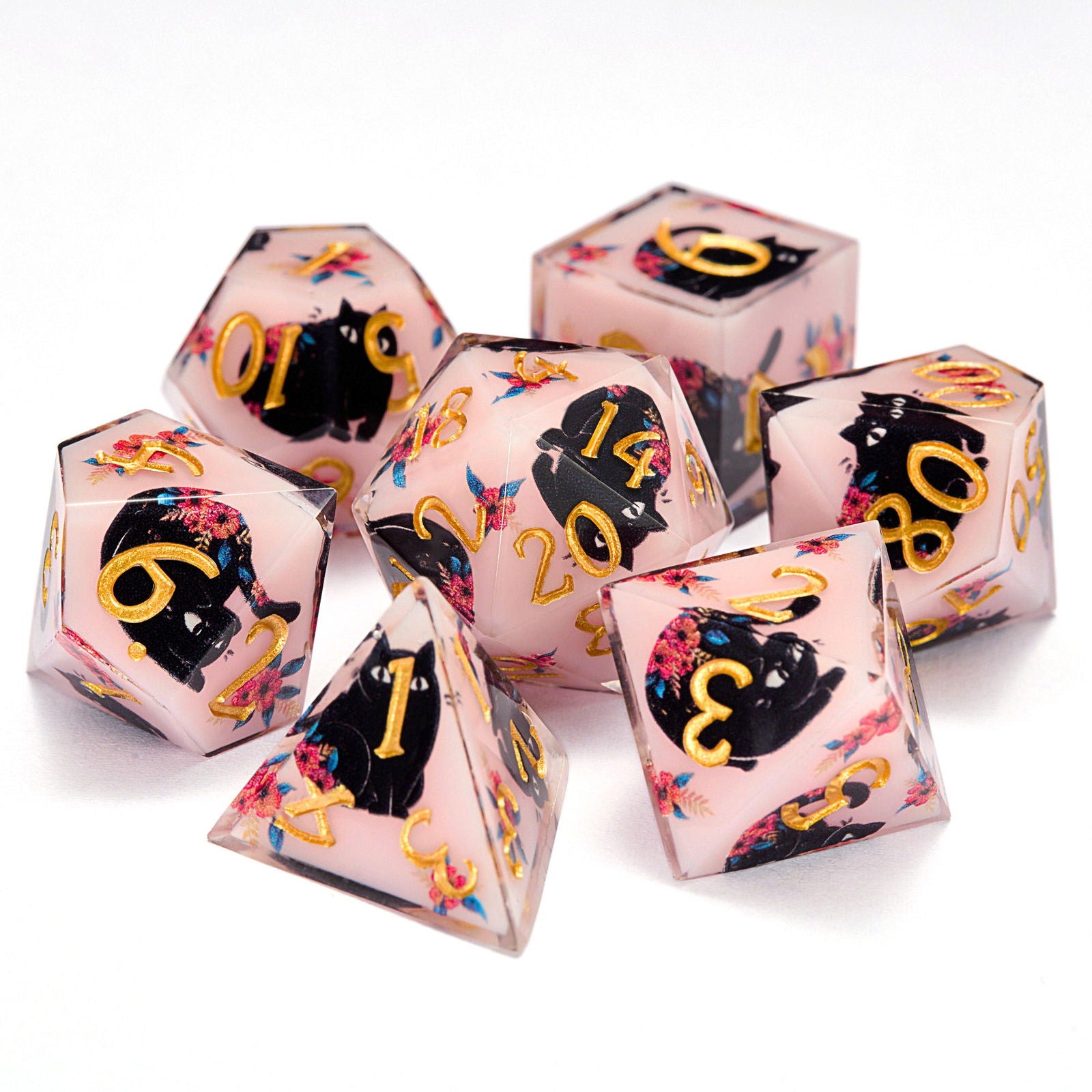Black Cat and Flower Resin DnD D&D Dice Set
