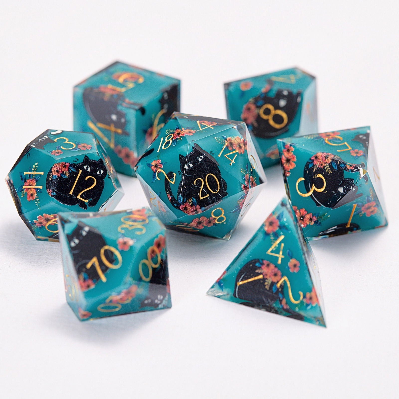 Black Cat and Flower Resin DnD D&D Dice Set
