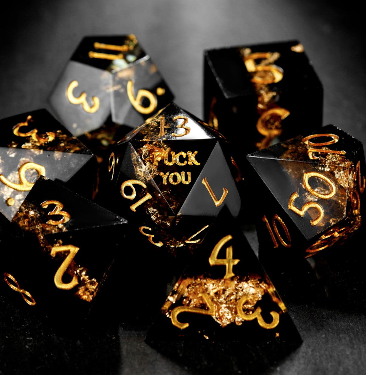 Black Goldleaf Resin F Word DnD D&D Dice Set