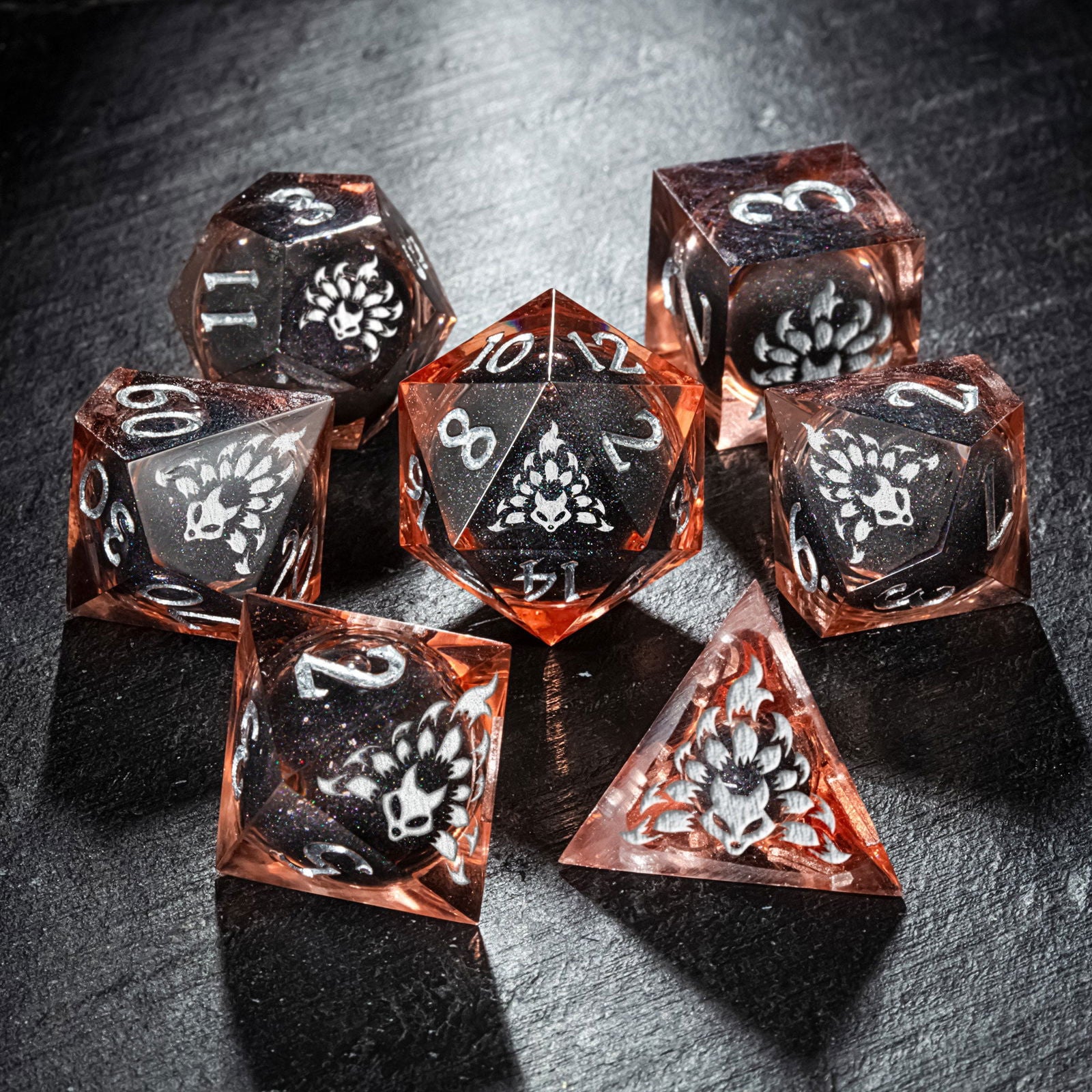 Black Liquid Core Resin Transparent Orange Nine Tail Fox DnD D&D Dice Set