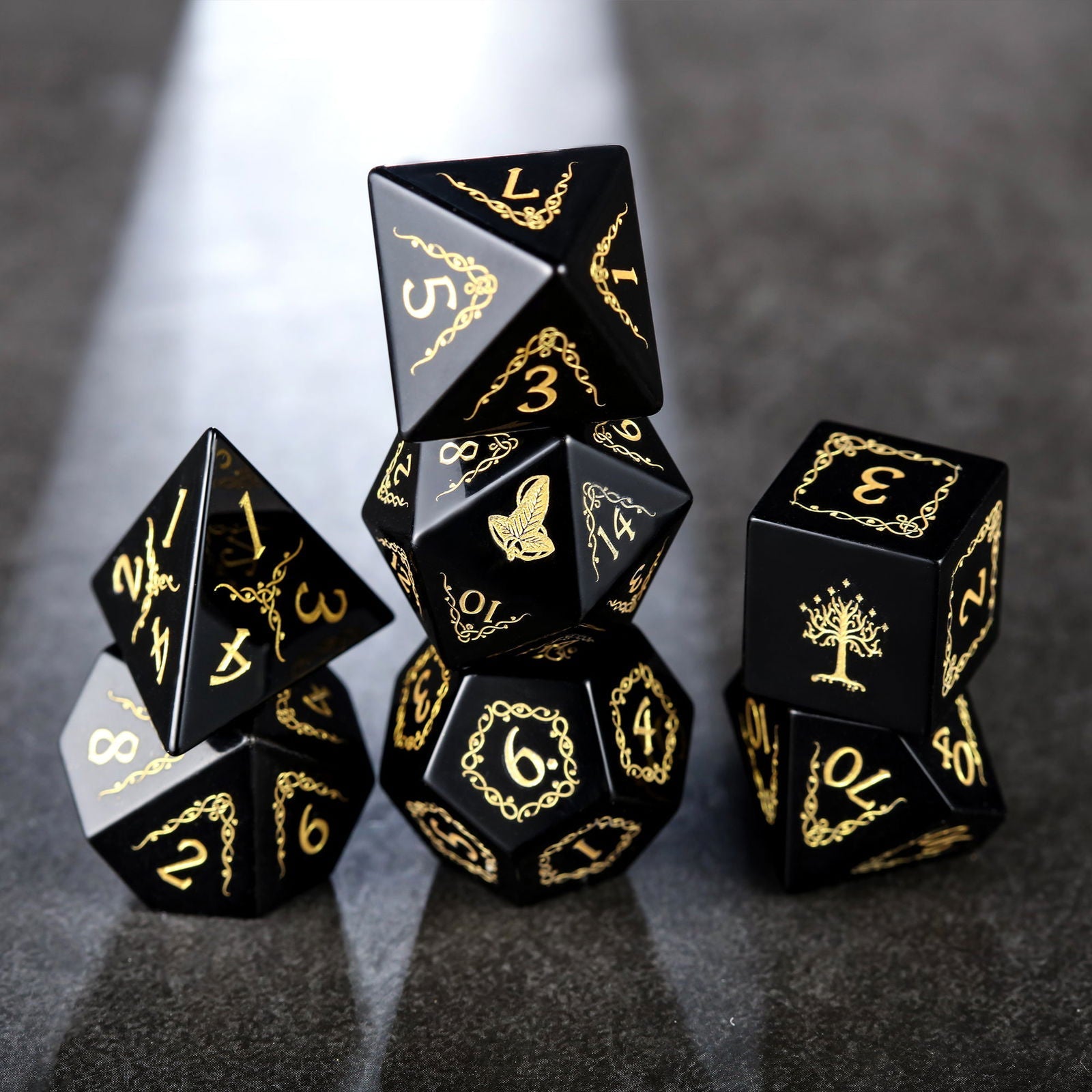 Black Obsidian Gemstone Floral Vine Motif Tree and Leaf DnD D&D Set