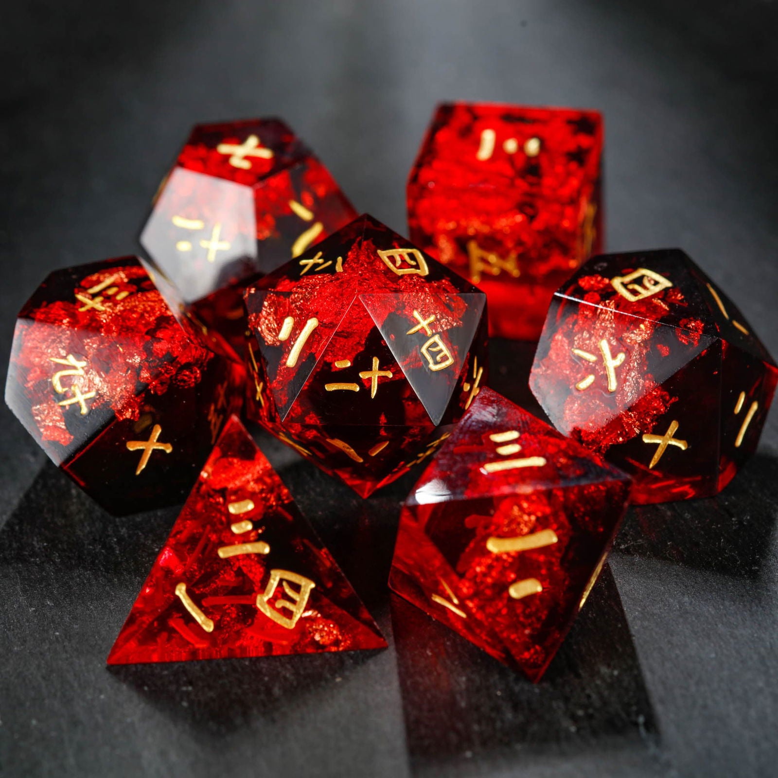 Black Red Resin Kanji DnD D&D Dice Set