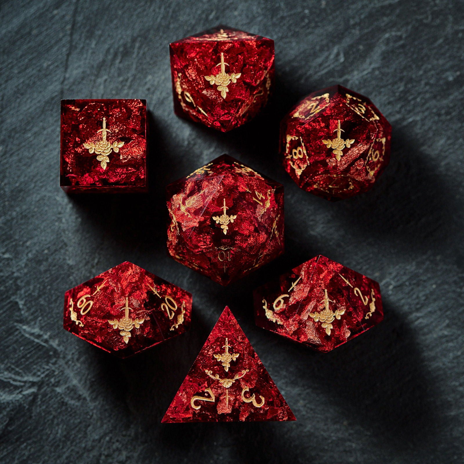 Black Red Resin Rogue Rose Motif DnD D&D Dice Set