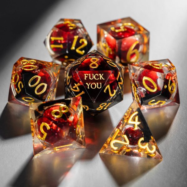 Blood Red Liquid Core Resin F Word DnD D&D Dice Set