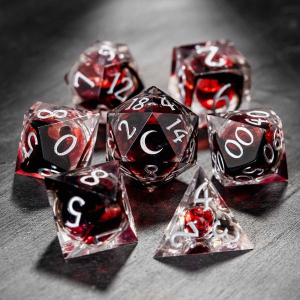 Blood Red Liquid Core Resin Moon DnD D&D Dice Set