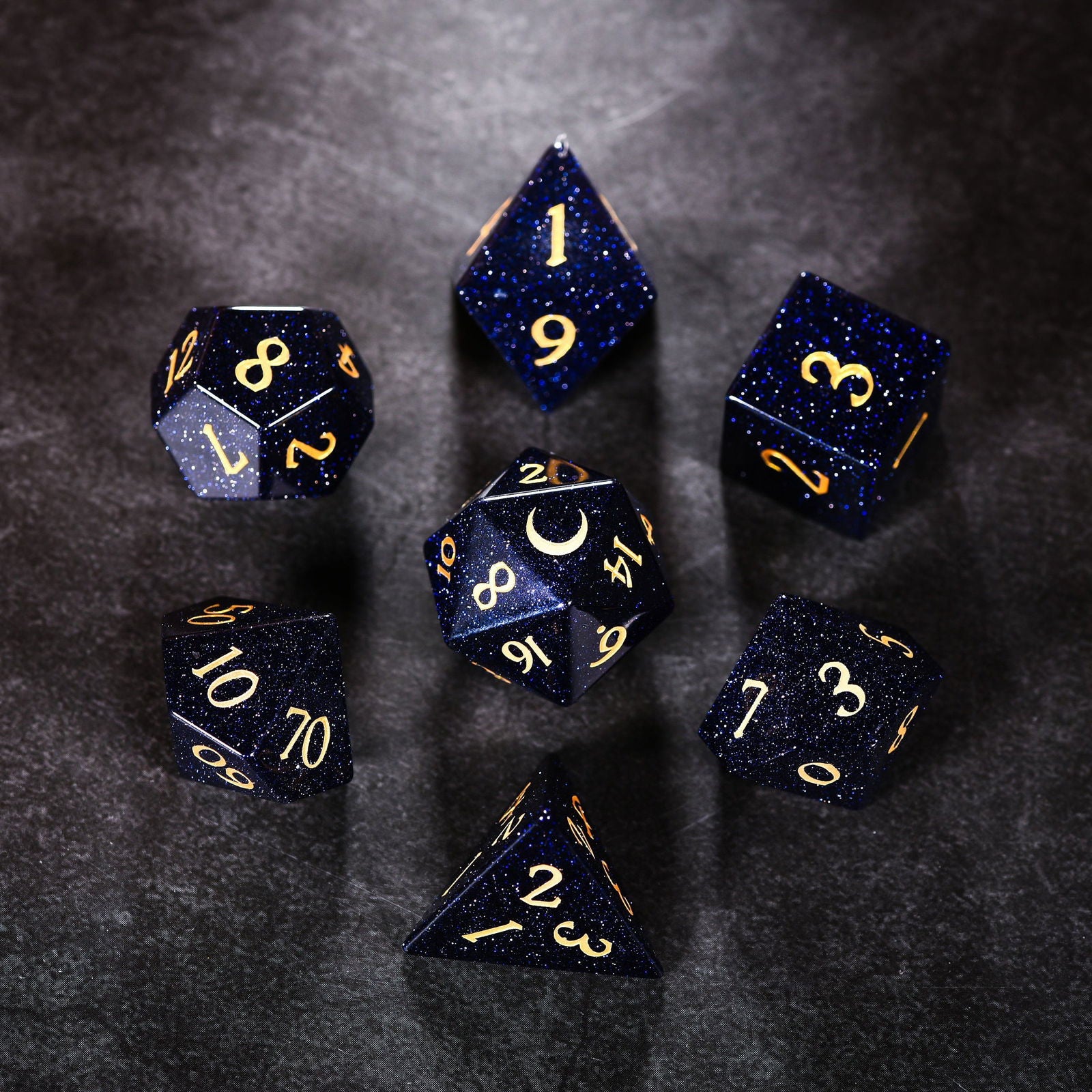 Blue Sandstone Gemstone Galaxy Dice Moon DnD D&D Dice Set