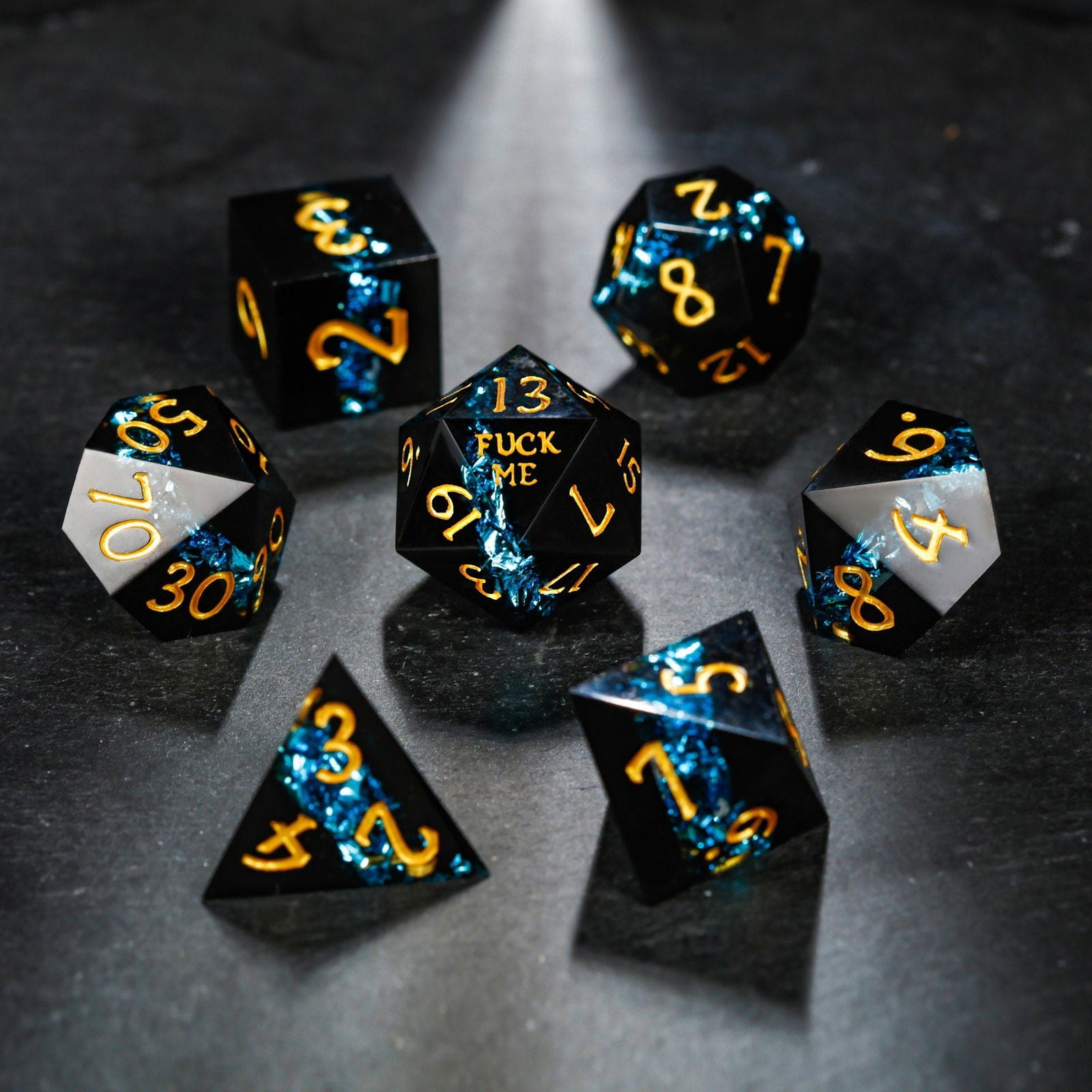 Blue Tinsel Resin F Word DnD D&D Dice Set