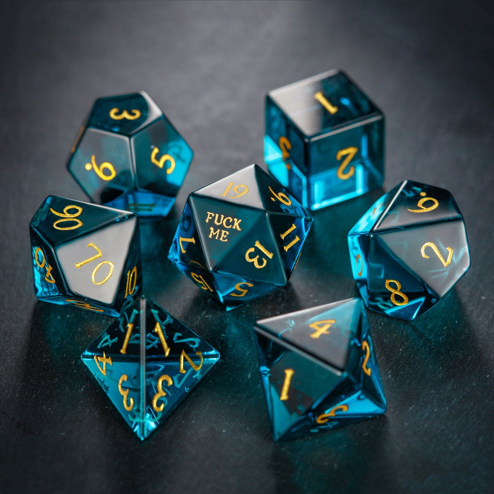 Dark Blue Glass F Word DnD D&D Dice Set