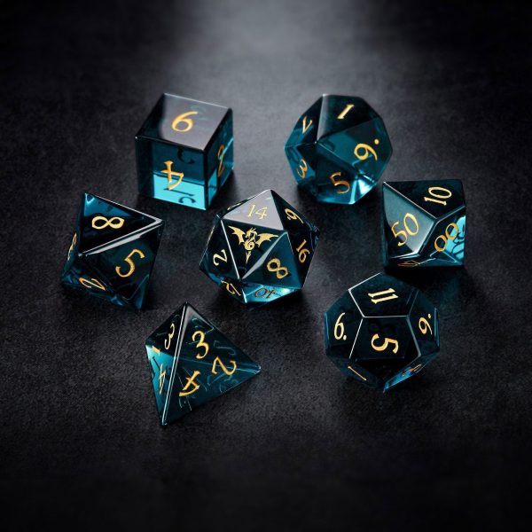 Dark Blue Glass Flying Dragon DnD D&D Dice Set