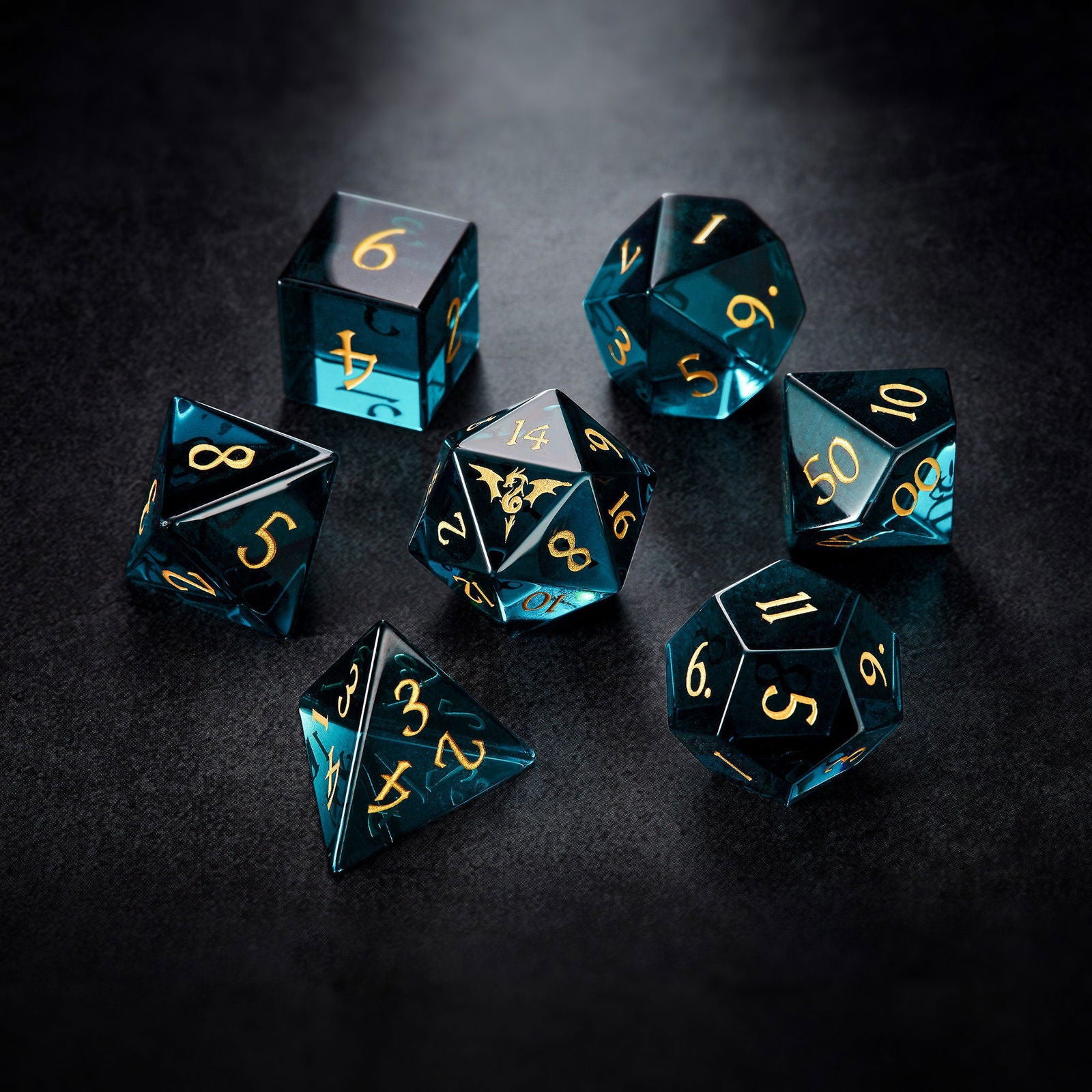 Dark Blue Glass Flying Dragon DnD D&D Dice Set