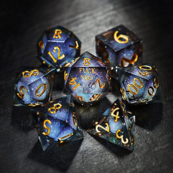 Dark Blue Liquid Core Resin Galaxy Dice F Word DnD D&D Dice Set