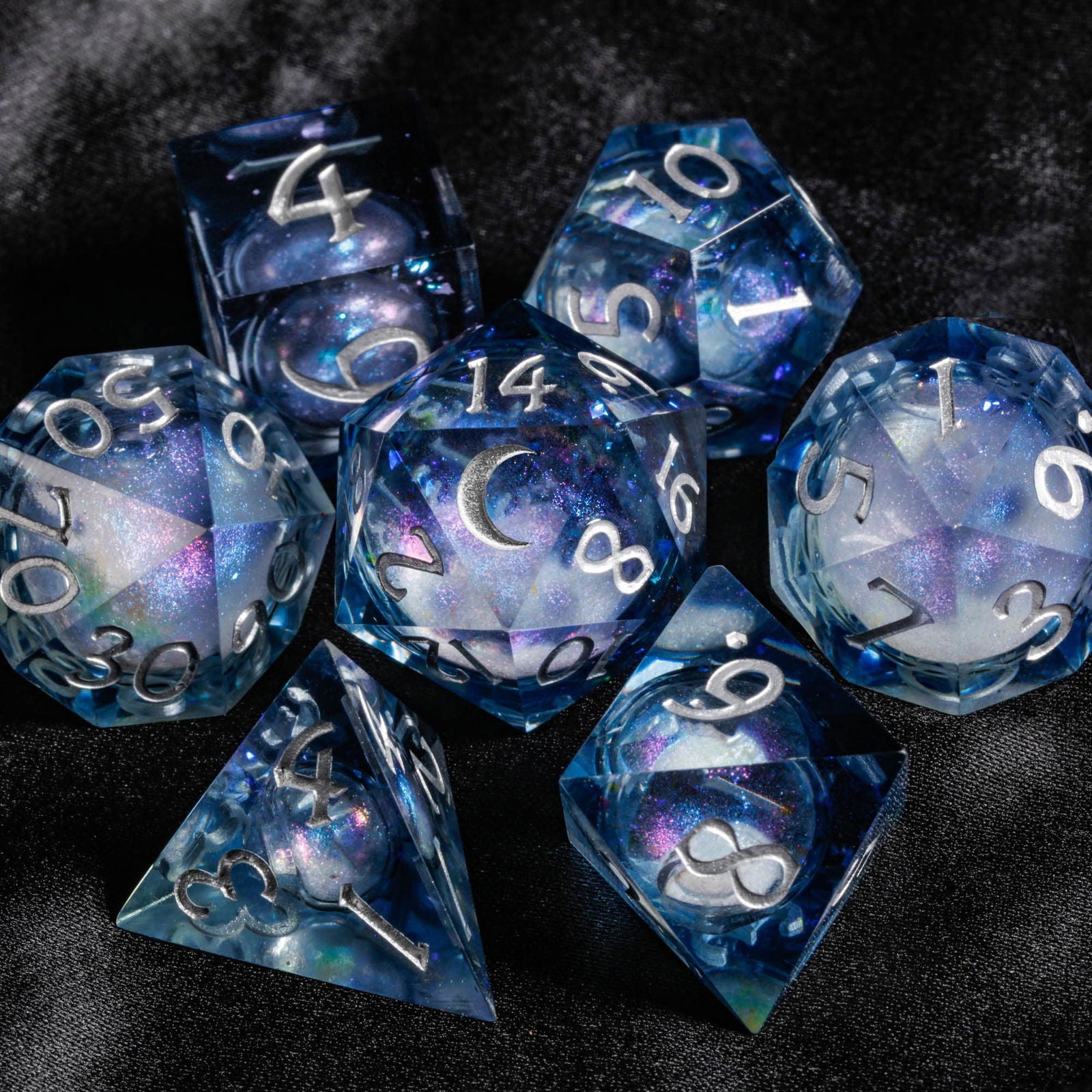 Dark Blue Liquid Core Resin Galaxy Dice Moon DnD D&D Dice Set