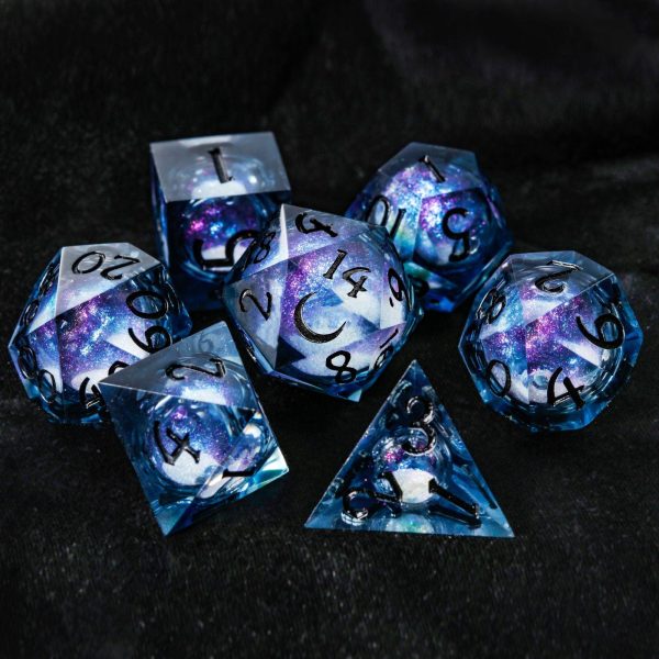Dark Blue Liquid Core Resin Galaxy Dice Moon DnD D&D Dice Set
