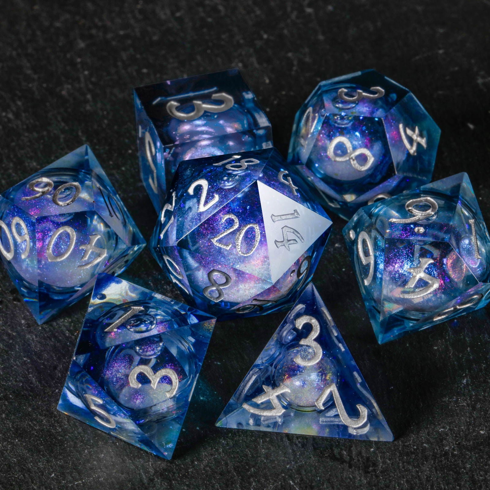 Dark Blue Liquid Core Resin Galaxy DnD D&D Dice Set
