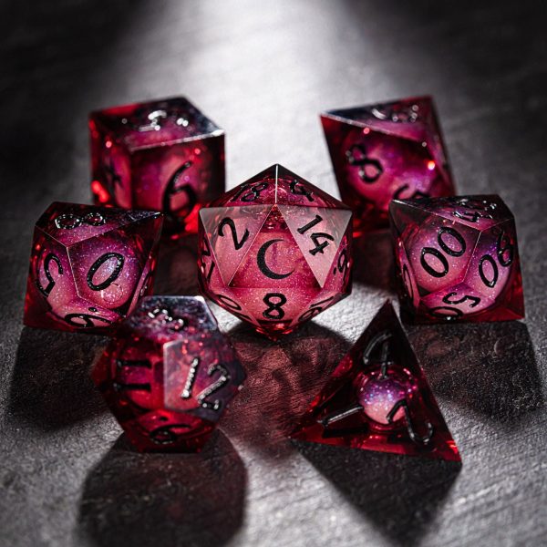 Dark Red Liquid Core Moon Resin DnD D&D Dice Set