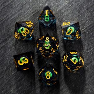 Floating Green Pupil Dragon's Eye Liquid Core Resin F Word DnD D&D Dice Set