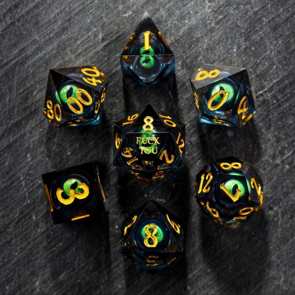 Floating Green Pupil Dragon's Eye Liquid Core Resin F Word DnD D&D Dice Set