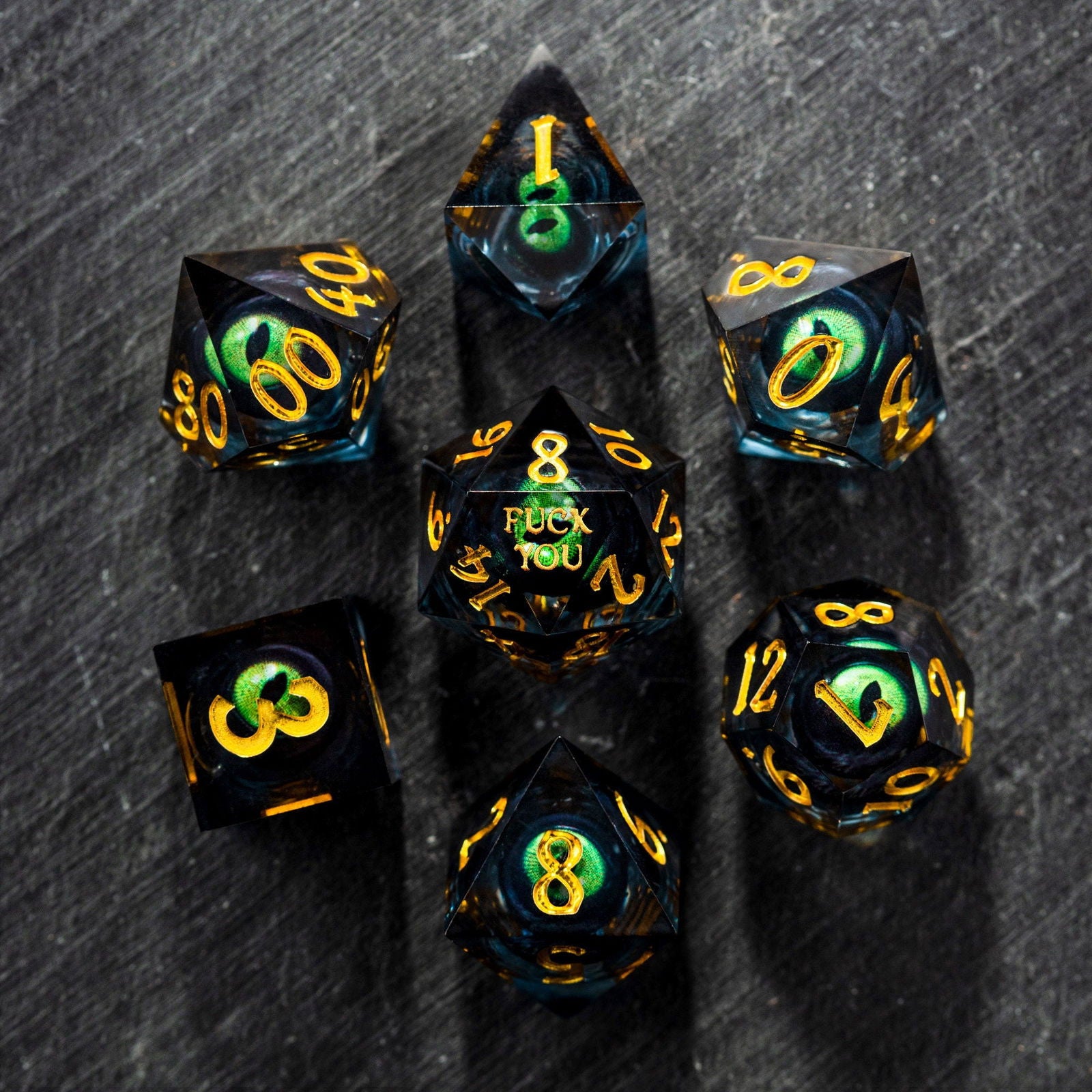 Floating Green Pupil Dragon's Eye Liquid Core Resin F Word DnD D&D Dice Set