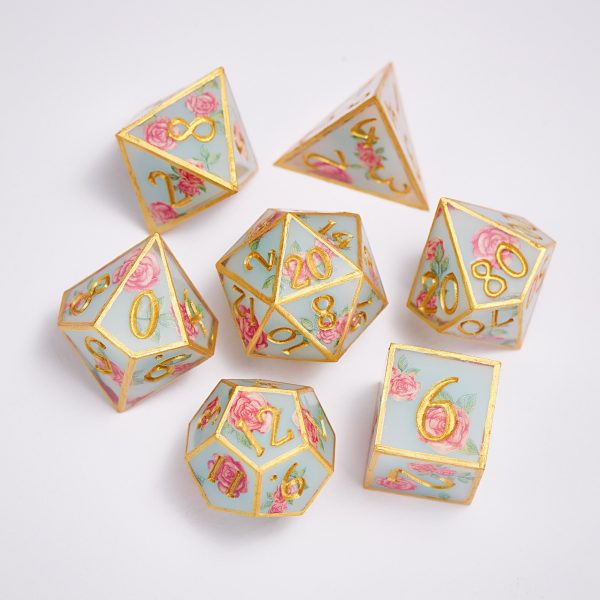 Gold Edged Rose Fairyland Resin DnD D&D Dice Set