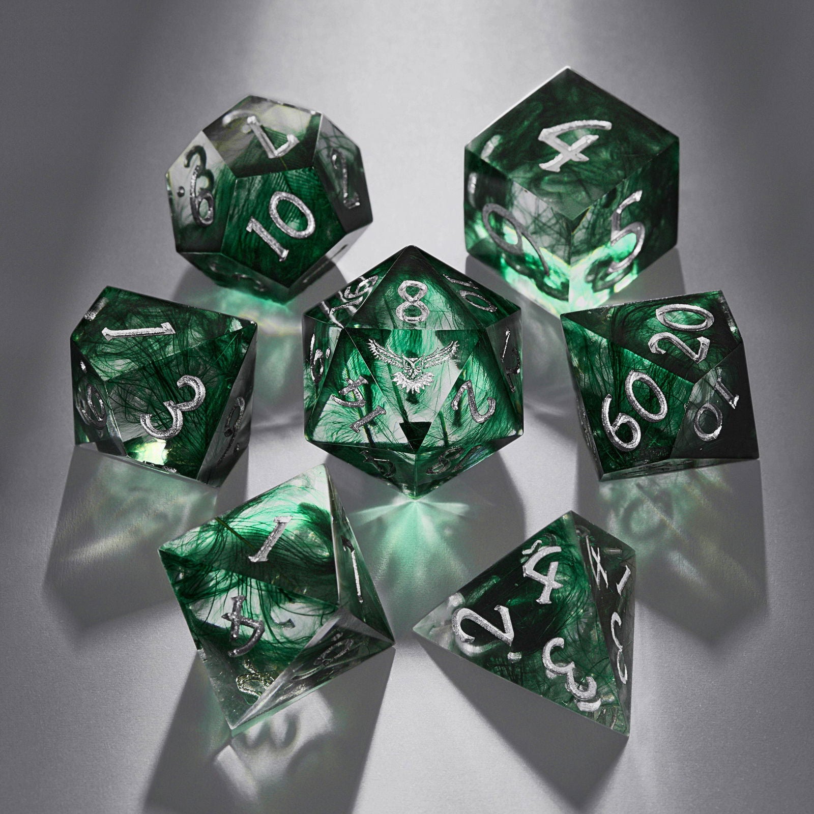 Green Feather Resin Owl DnD D&D Dice Set