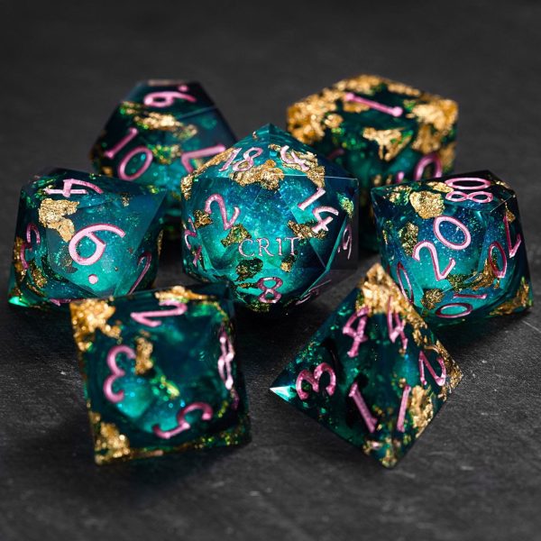 Green Glitter Liquid Core Resin Crit DnD D&D Dice Set