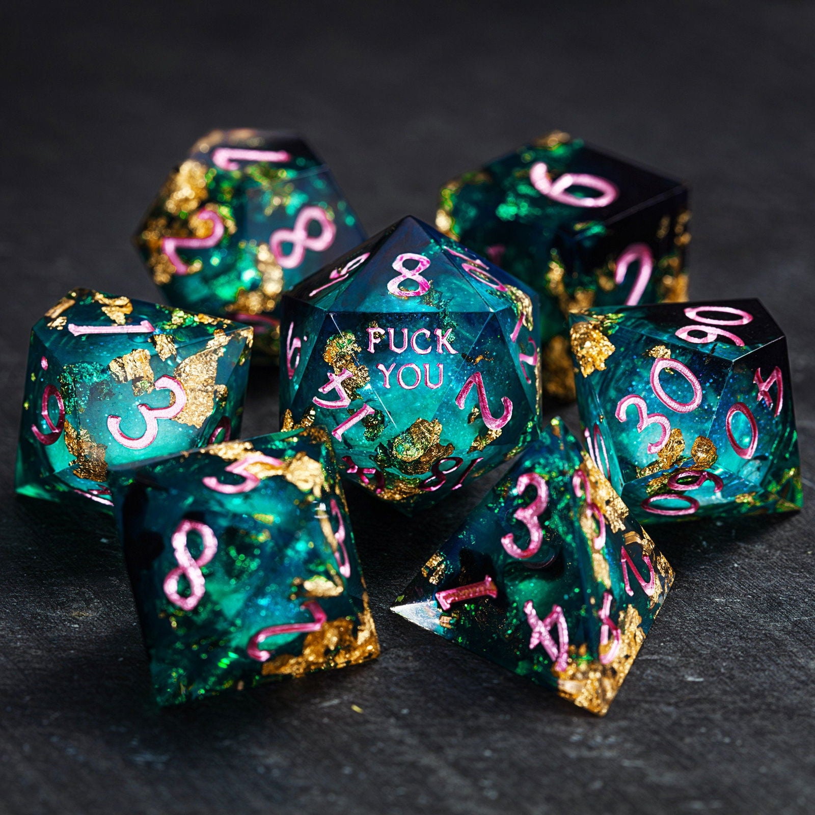 Green Glitter Liquid Core Resin F Word DnD D&D Dice Set