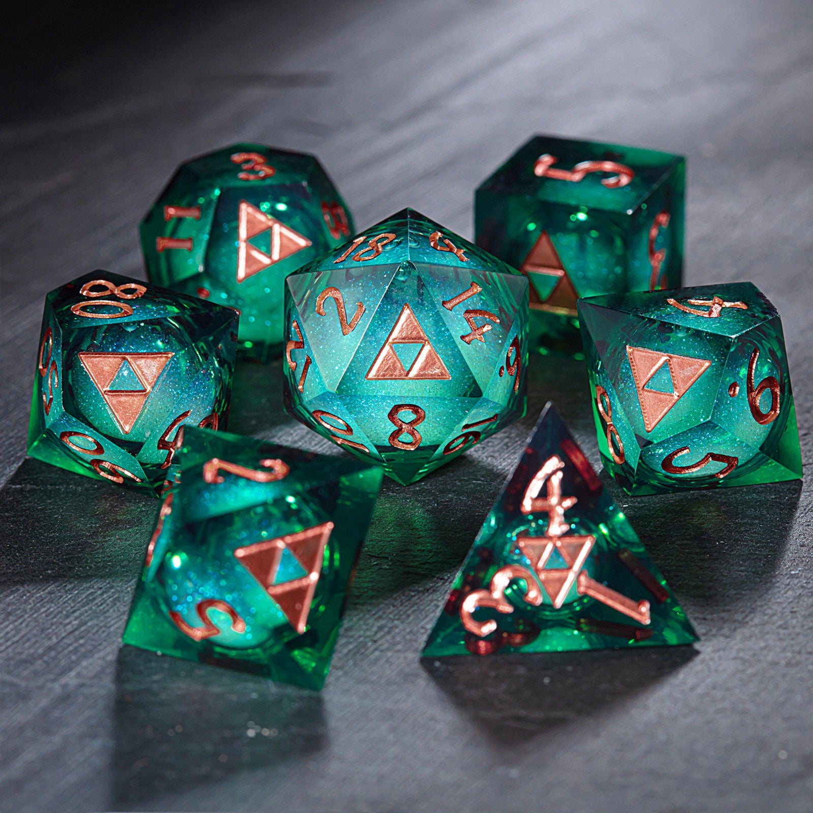 Green Liquid Core Resin Galaxy Dice All Zelda DnD D&D Dice Set