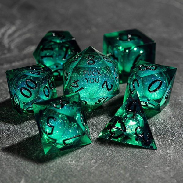 Green Liquid Core Resin Galaxy Dice F Word DnD D&D Dice Set