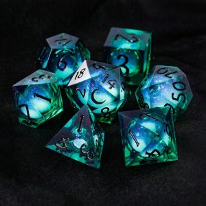 Green Liquid Core Resin Galaxy Dice Moon DnD D&D Dice Set