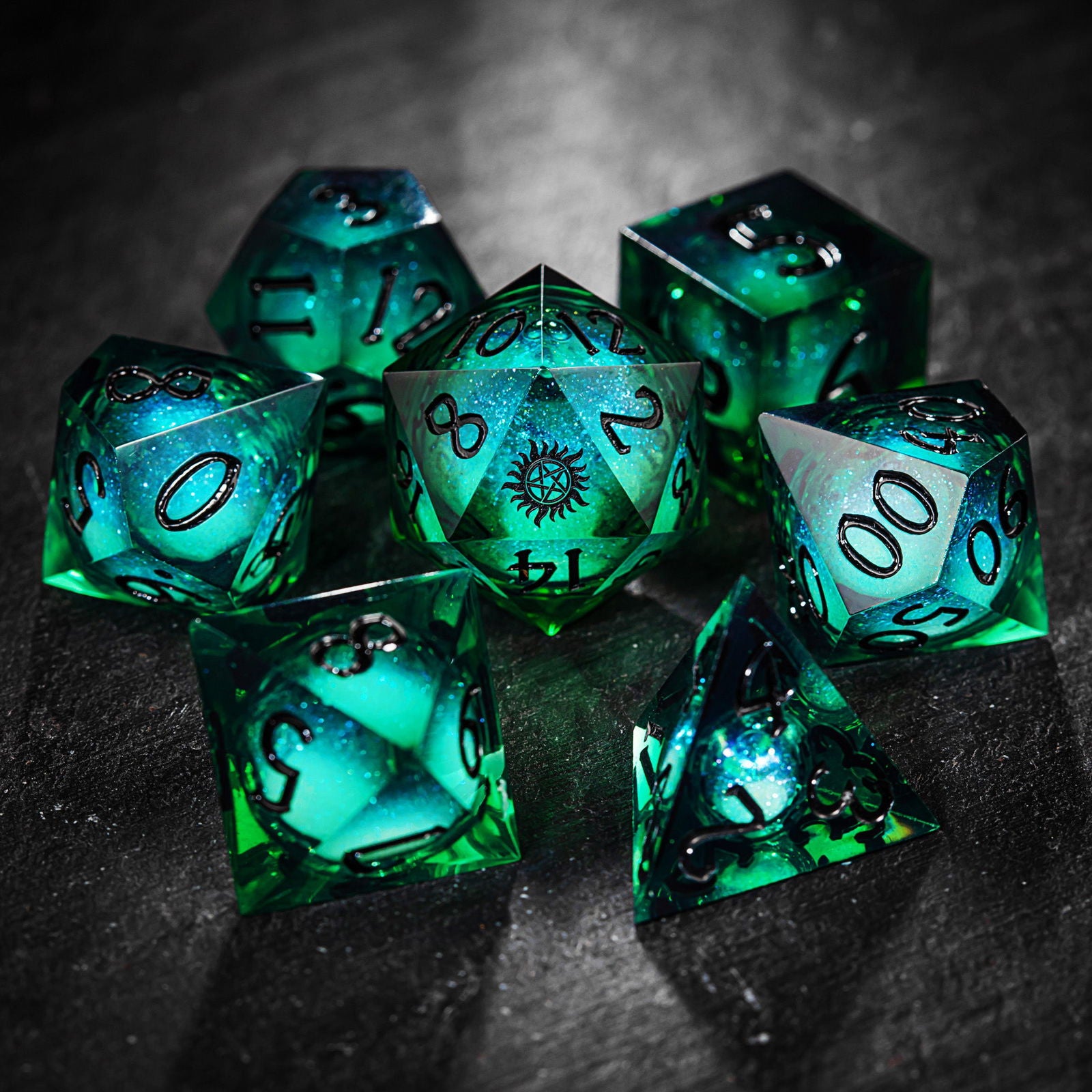 Green Liquid Core Resin Galaxy Dice Supernatural Anti-possession DnD D&D Dice Set