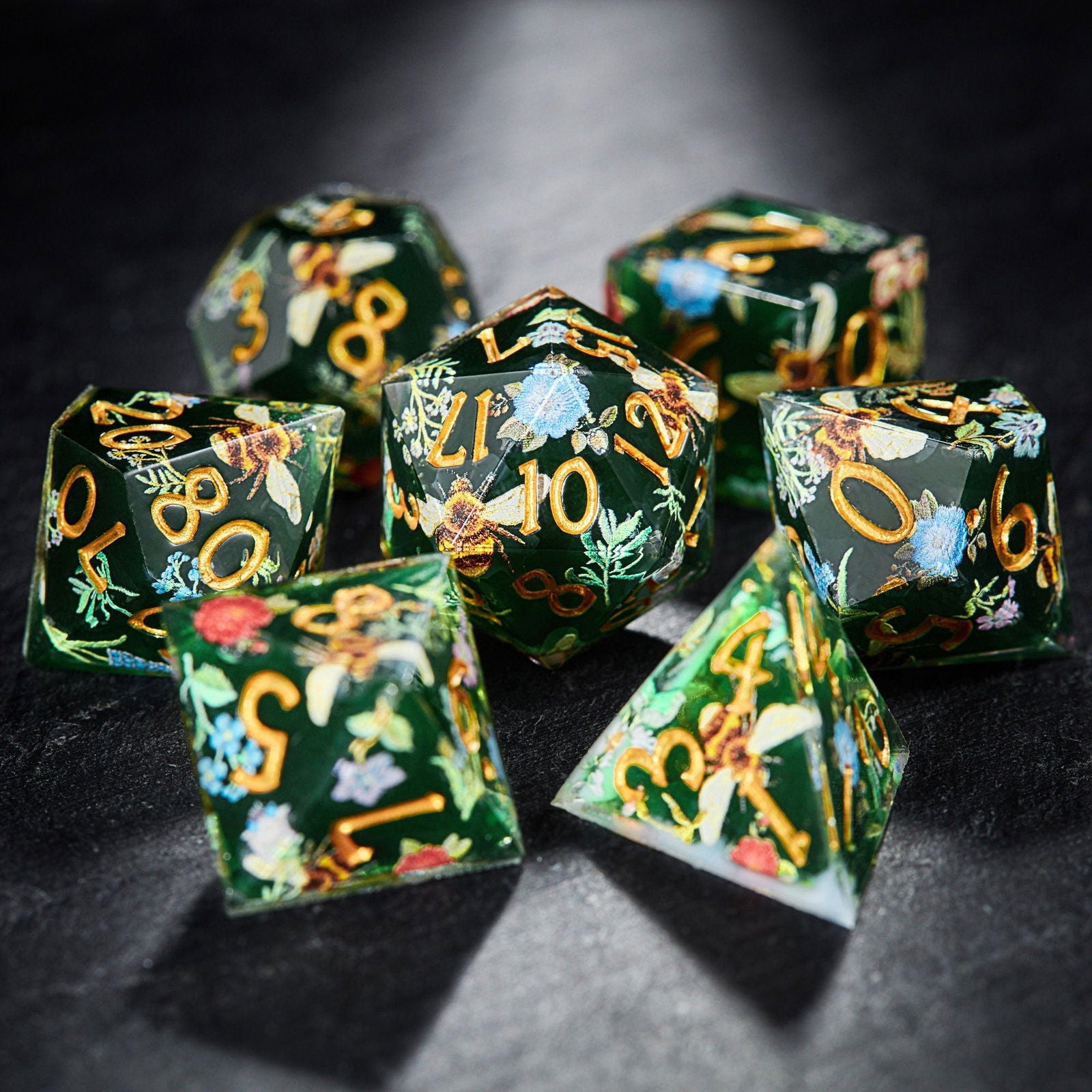 Honey Bee and Flowers Resin DnD D&D Dice Set