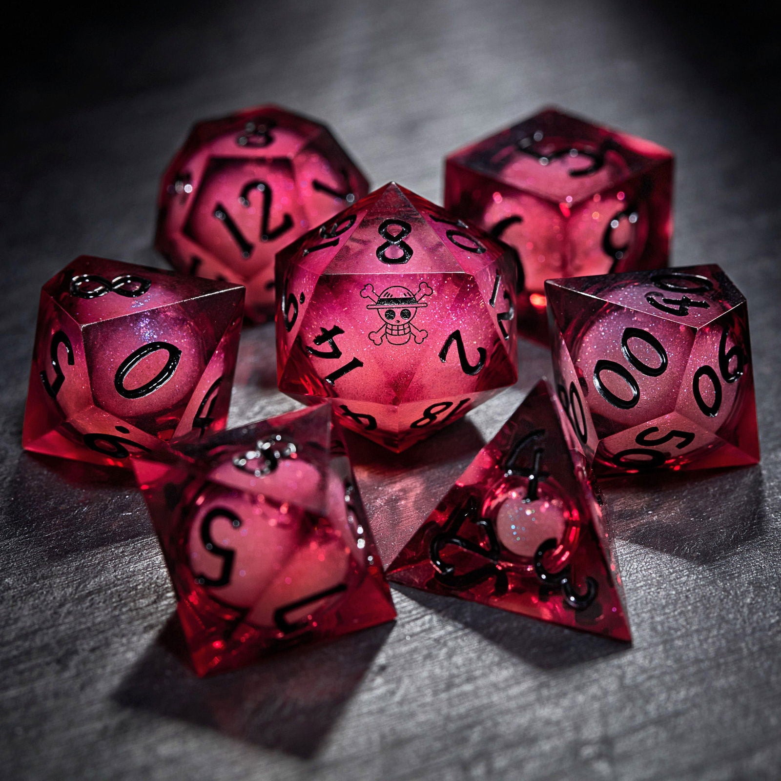 Dark Red Liquid Core Resin One Piece Luffy DnD D&D Dice Set