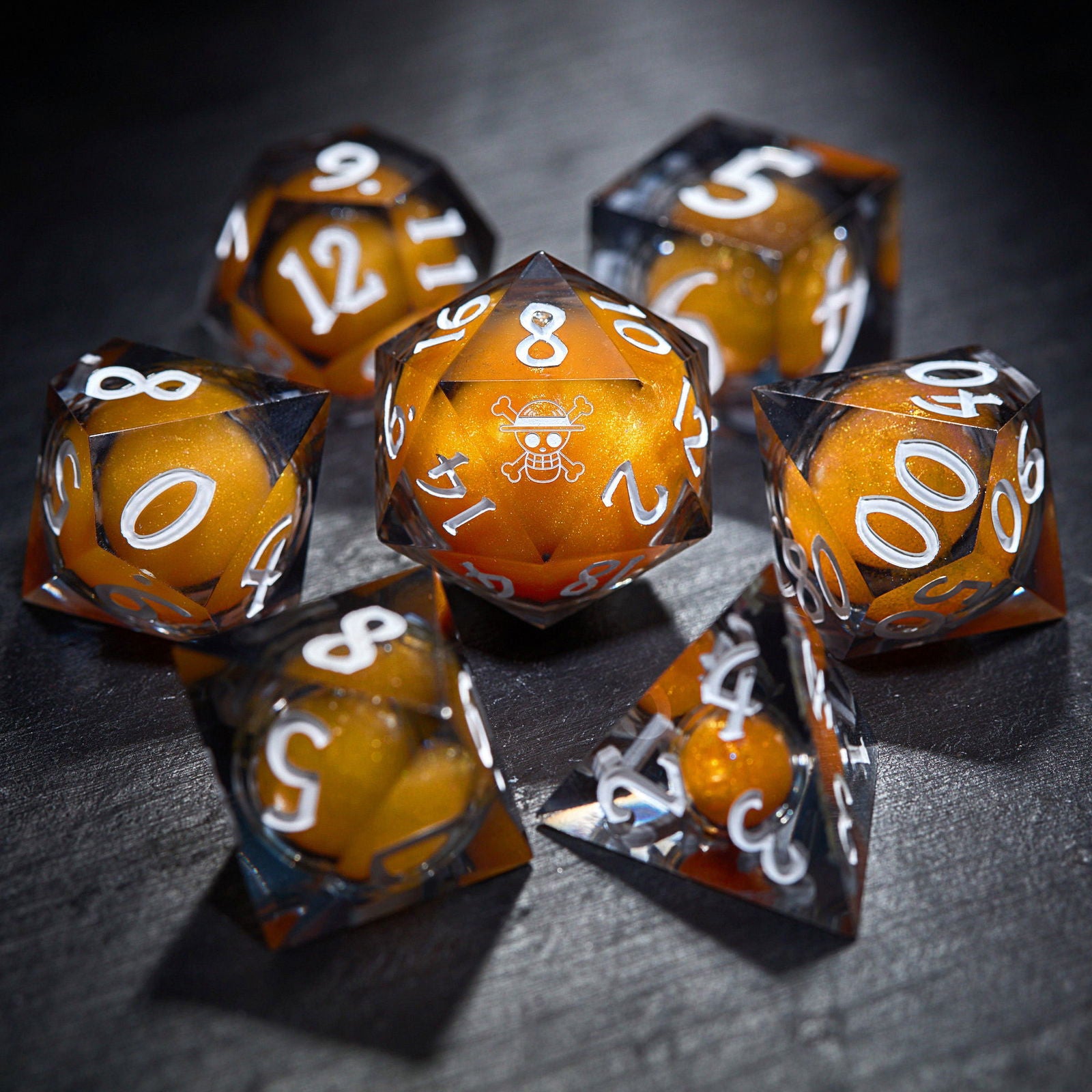 Orange Sand Liquid Core Resin One Piece Luffy DnD D&D Dice Set