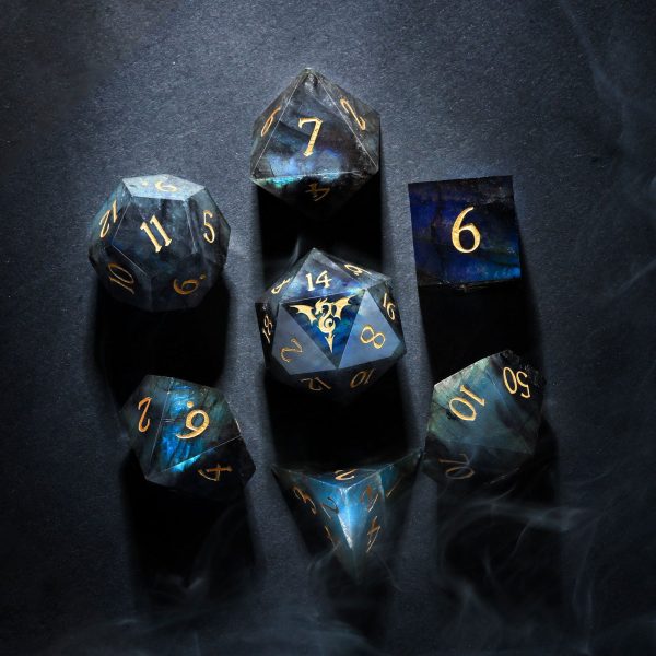 Labradorite Gemstone Flying Dragon DnD D&D Dice Set