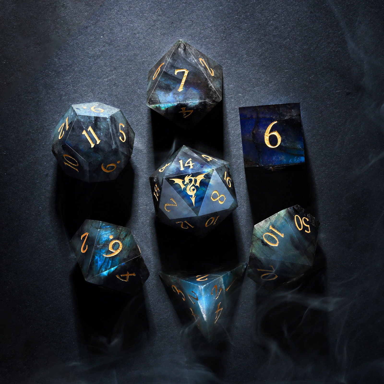 Labradorite Gemstone Flying Dragon DnD D&D Dice Set
