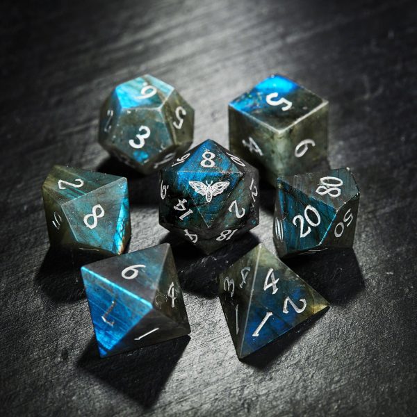 Labradorite Gemstone Moth DnD D&D Dice Set