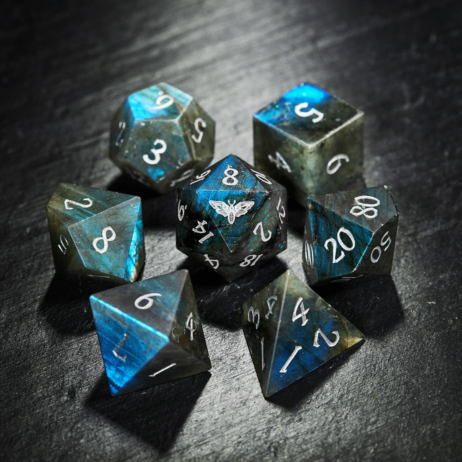Labradorite Gemstone Moth DnD D&D Dice Set