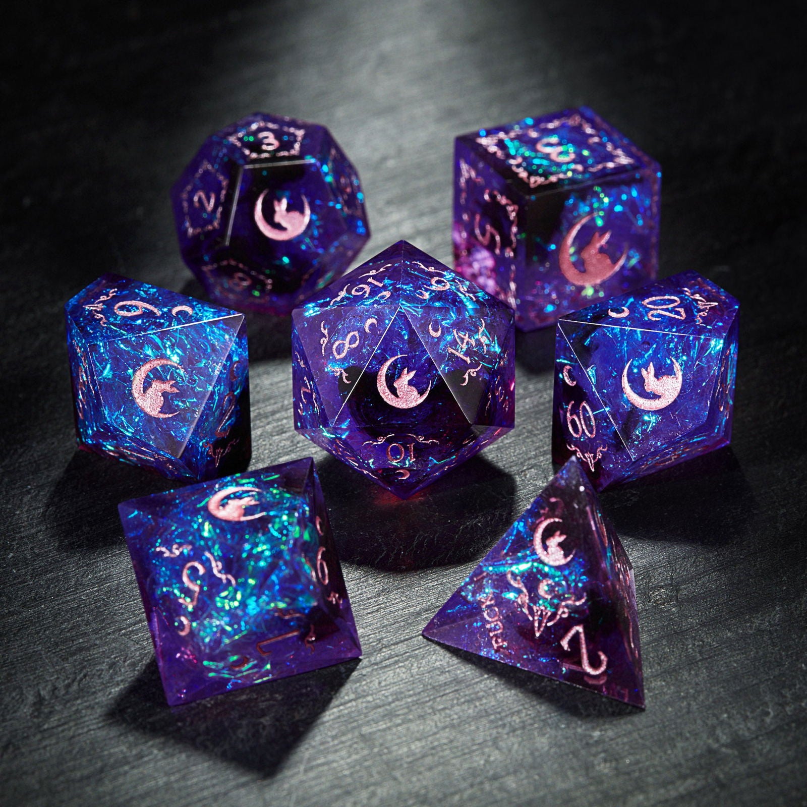 Purple Glitter Galaxy Antler Moon Motif All Bunny Resin DnD D&D Dice Set
