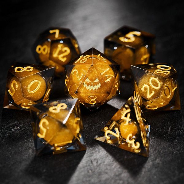 Orange Sand Liquid Core Resin Halloween Pumpkin DnD D&D Dice Set