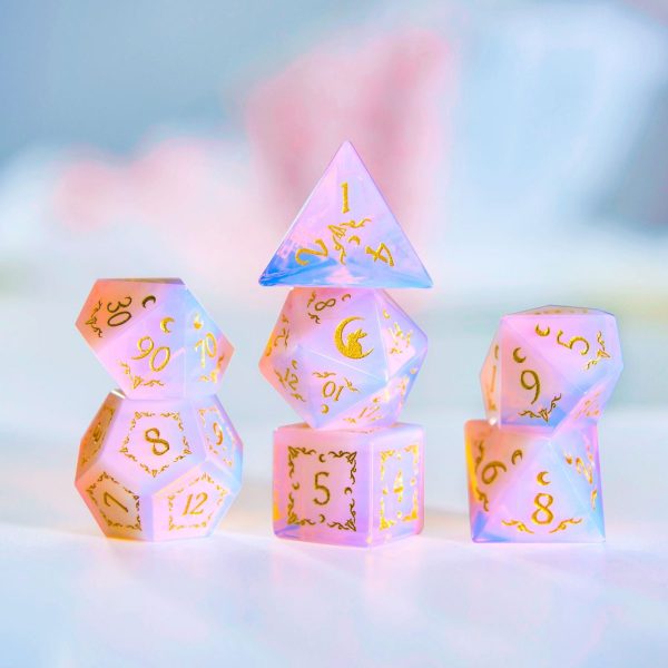 Pink Opalite Gemstone Antler Moon Motif Bunny DnD D&D Dice Set