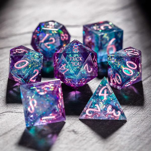 Purple Blue Glitter Resin F Word DnD D&D Dice Set