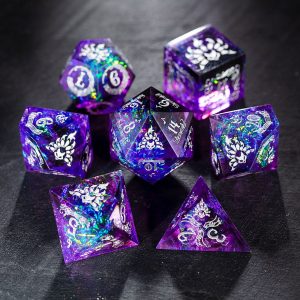 Purple Glitter Galaxy Bard Motif Nine Tails Fox Resin DnD D&D Dice Set