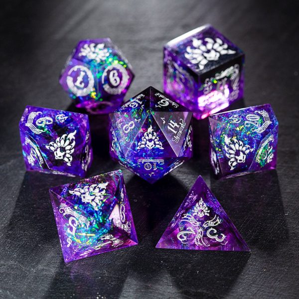 Purple Glitter Galaxy Bard Motif Nine Tails Fox Resin DnD D&D Dice Set