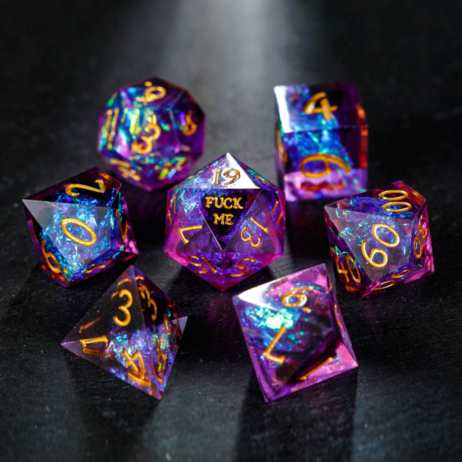 Purple Glitter Galaxy F Word Resin DnD D&D Dice Set