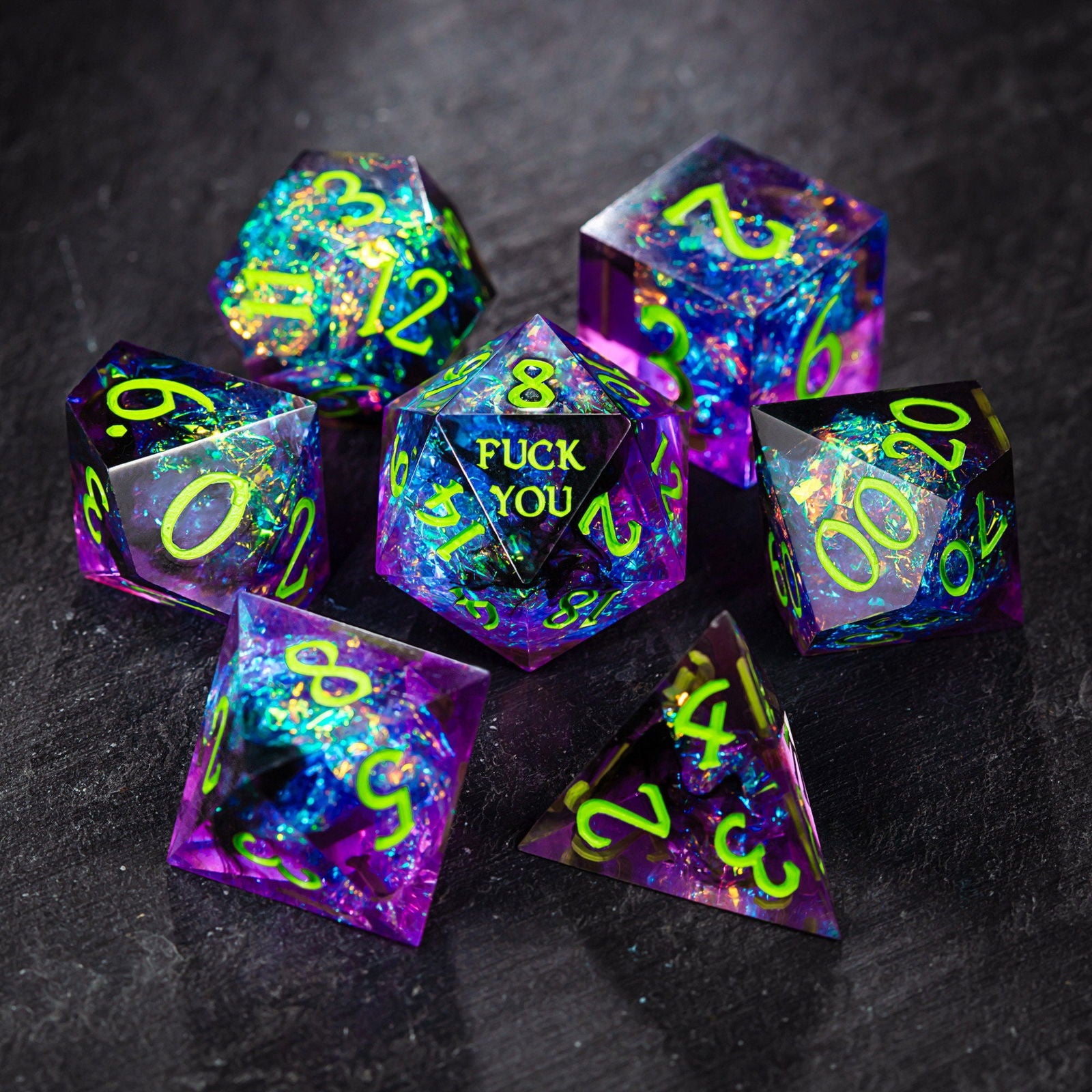 Purple Glitter Galaxy F Word Resin DnD D&D Dice Set