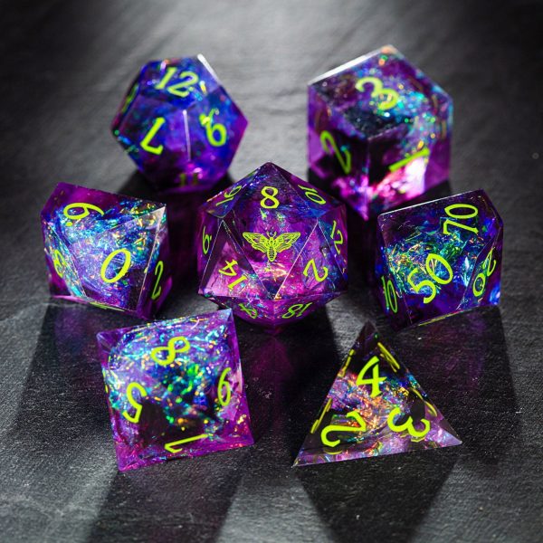 Purple Glitter Galaxy Moth Resin DnD D&D Dice Set