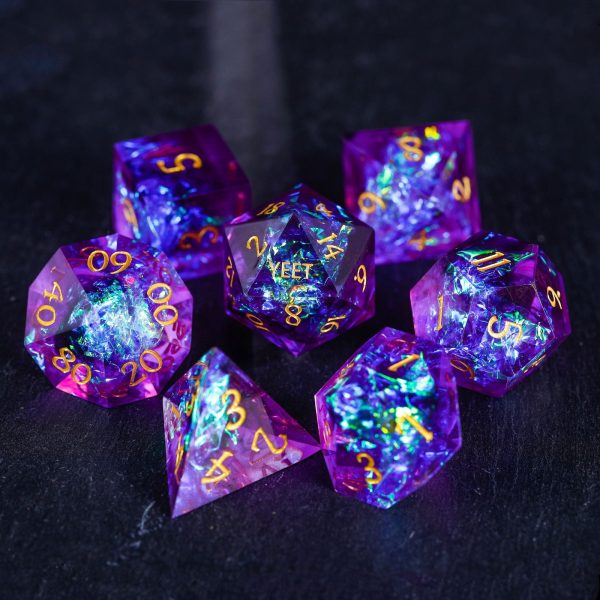 Purple Glitter Galaxy YEET F*CK Resin DnD D&D Dice Set
